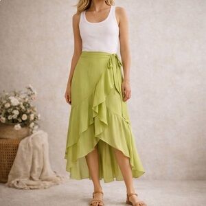 NWT Maeve Anthropologie Chartreuse XXS Ruffled Wrap Skirt